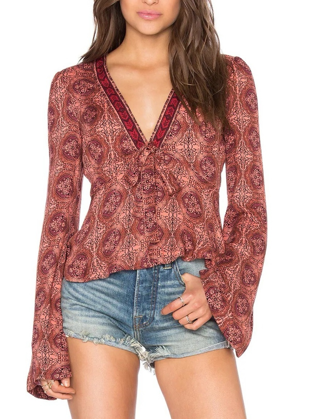 FREE PEOPLE Time Of Your Life Tie Front Bell Sleeve Top In Coral Combo Size M